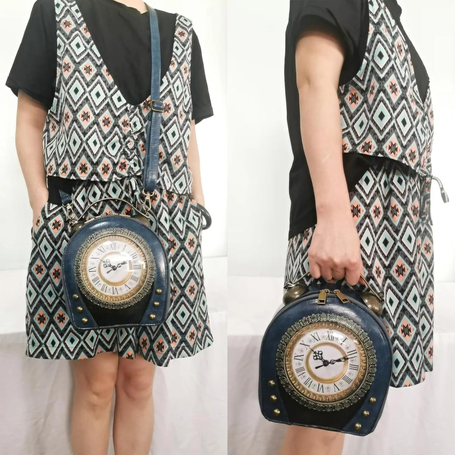 Women Classic Retro Clock Shaped Crossbody Shoulder Bag Handbag PVC Unique Novelty Clock Purse