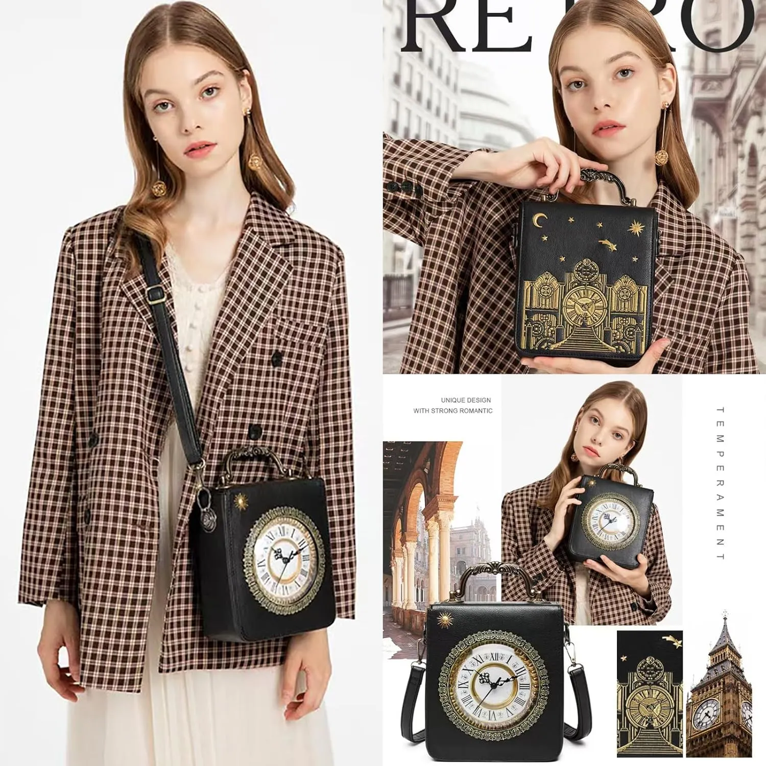 Women Classic Retro Clock Shaped Crossbody Shoulder Bag Handbag PVC Unique Novelty Clock Purse