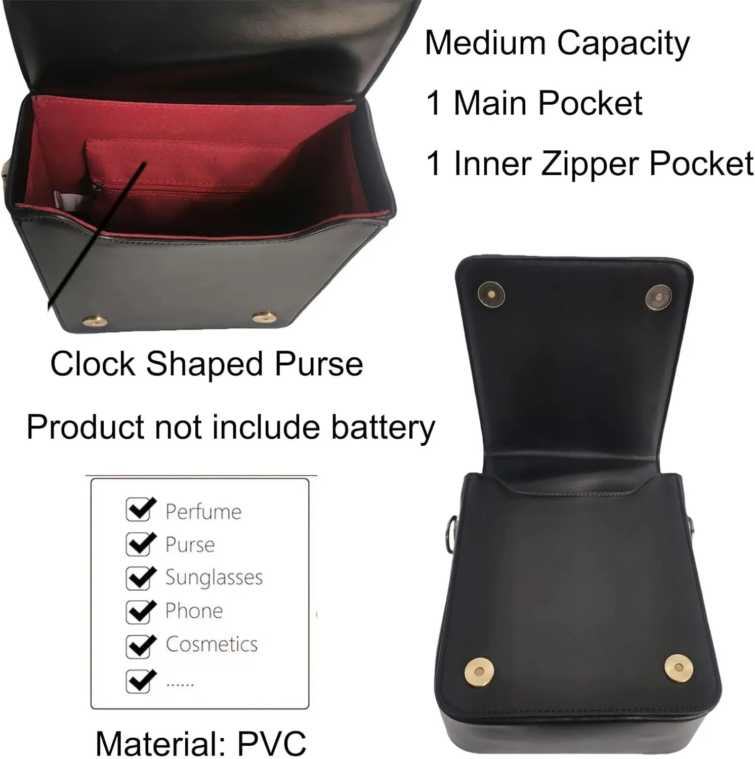 Women Classic Retro Clock Shaped Crossbody Shoulder Bag Handbag PVC Unique Novelty Clock Purse