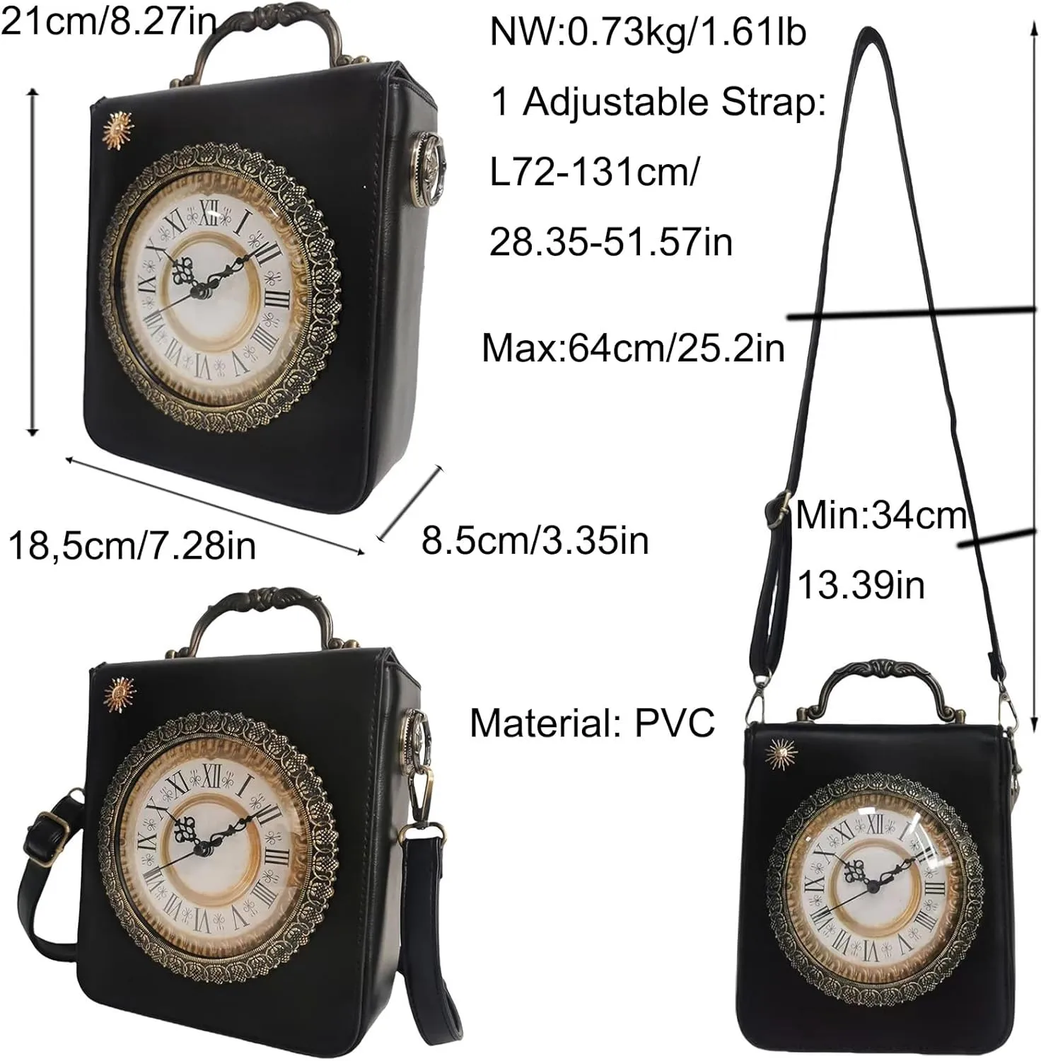 Women Classic Retro Clock Shaped Crossbody Shoulder Bag Handbag PVC Unique Novelty Clock Purse