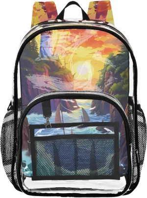Women Clear Backpack Cute Island Cliffs Sunset Kids Backpack for Girls School Clear Shoulder Bag