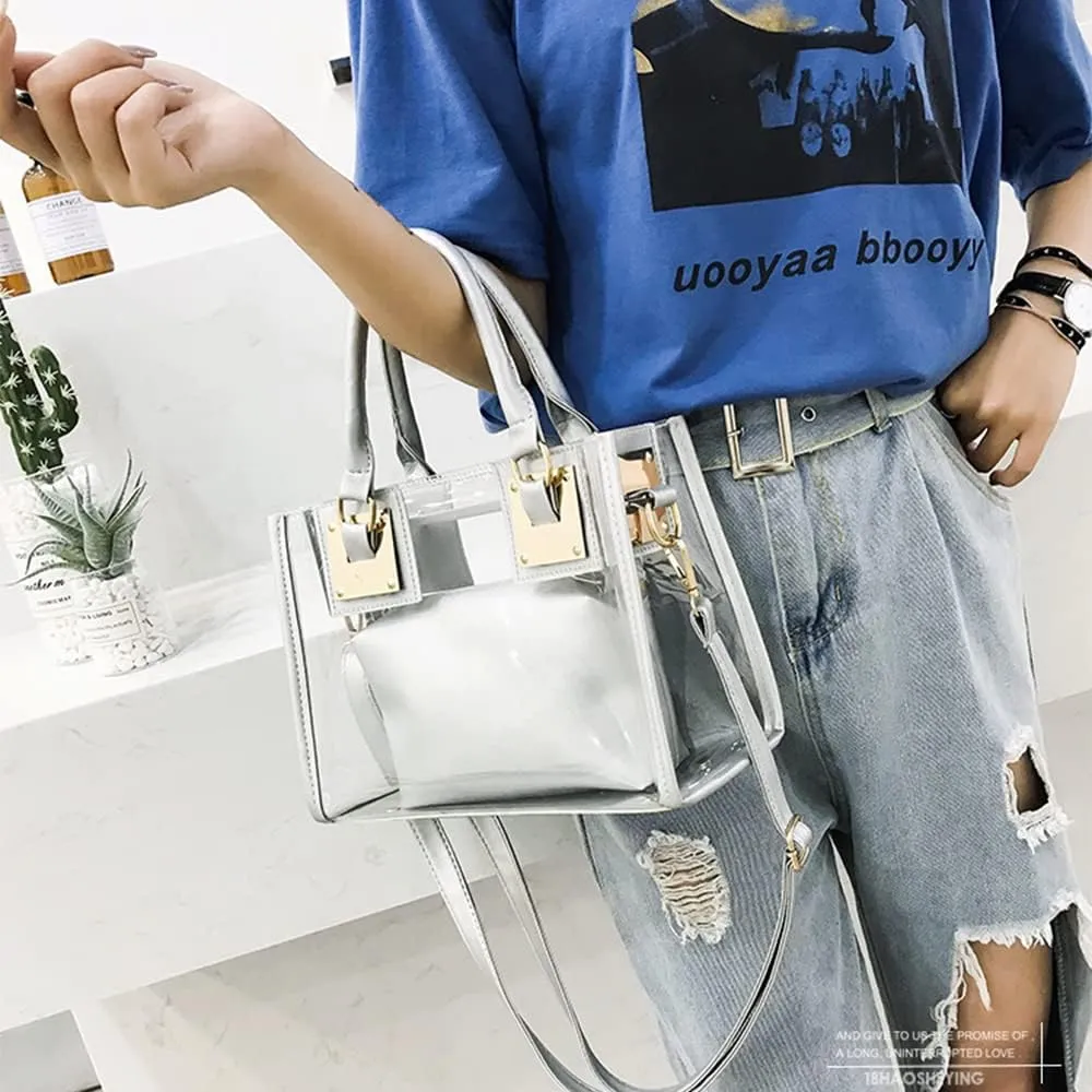 Women Fashion 2Pcs Clear Tote Handbag Transparent PVC Summer Jelly Bag Cute Shoulder Crossbody Bag