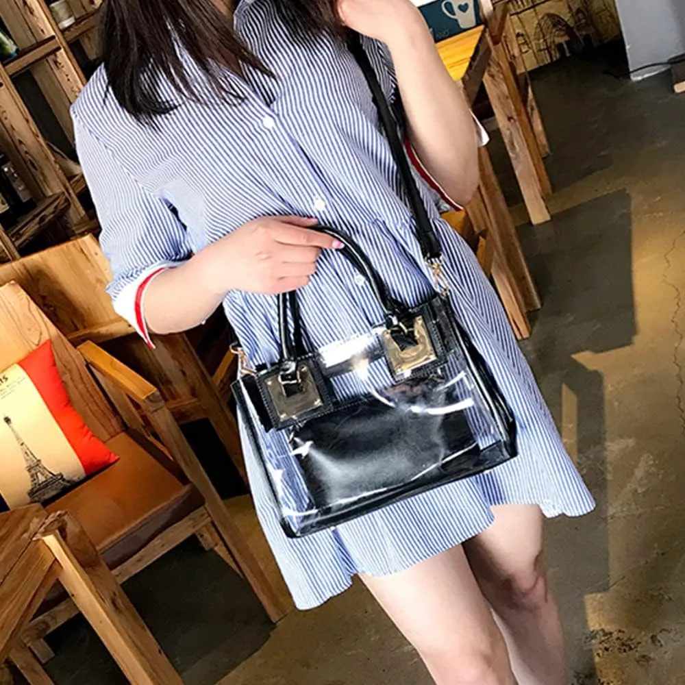 Women Fashion 2Pcs Clear Tote Handbag Transparent PVC Summer Jelly Bag Cute Shoulder Crossbody Bag