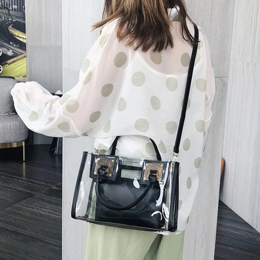 Women Fashion 2Pcs Clear Tote Handbag Transparent PVC Summer Jelly Bag Cute Shoulder Crossbody Bag