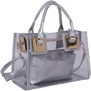Women Fashion 2Pcs Clear Tote Handbag Transparent PVC Summer Jelly Bag Cute Shoulder Crossbody Bag