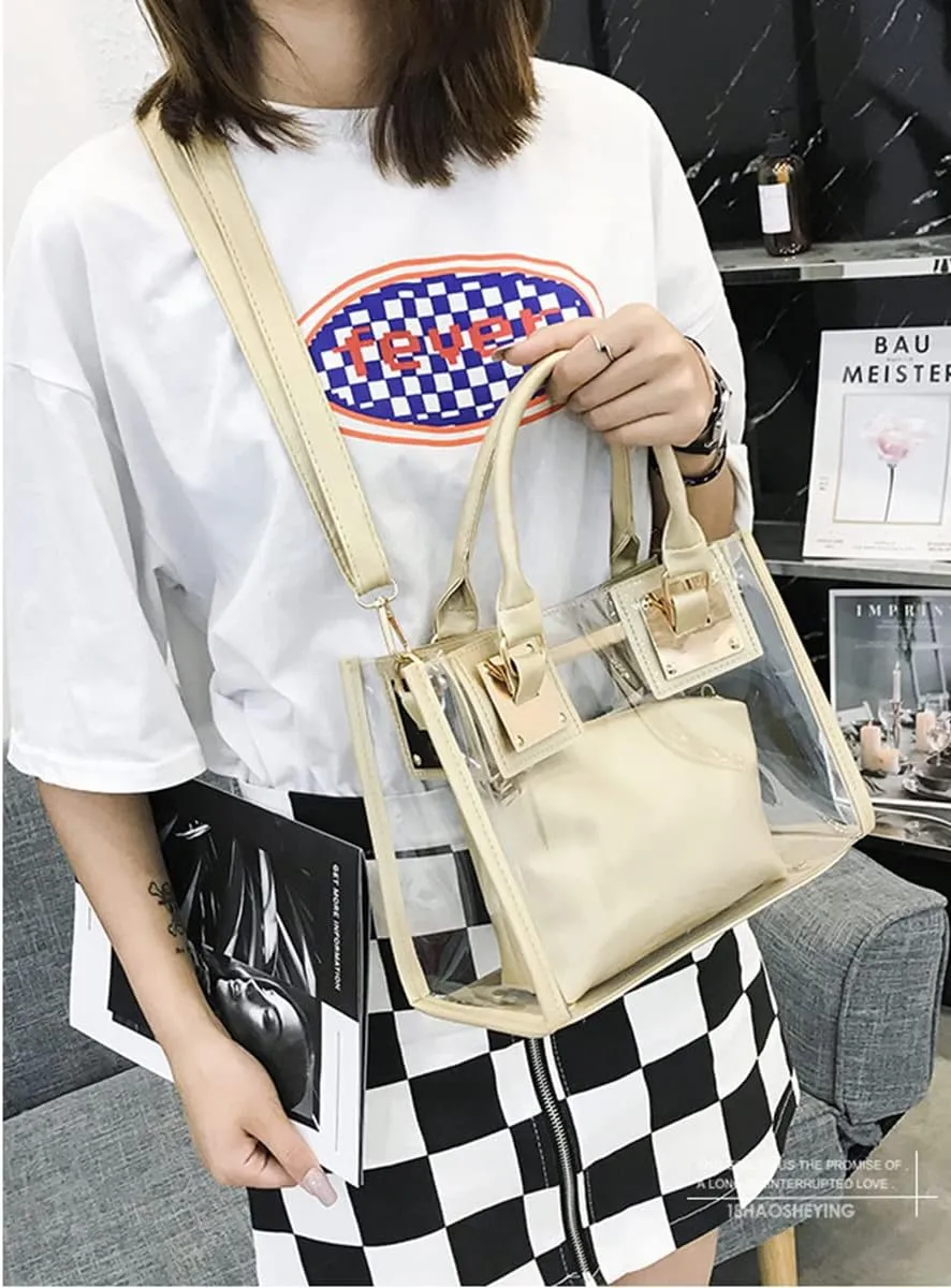 Women Fashion 2Pcs Clear Tote Handbag Transparent PVC Summer Jelly Bag Cute Shoulder Crossbody Bag