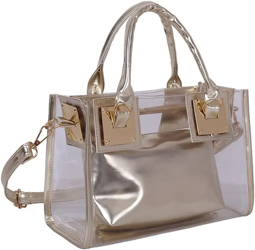 Women Fashion 2Pcs Clear Tote Handbag Transparent PVC Summer Jelly Bag Cute Shoulder Crossbody Bag