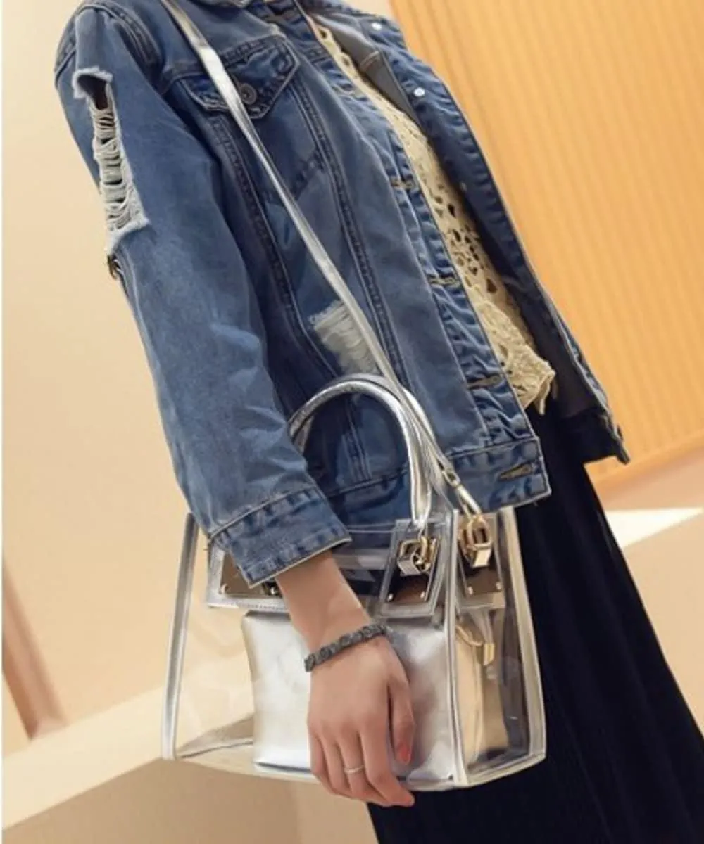 Women Fashion 2Pcs Clear Tote Handbag Transparent PVC Summer Jelly Bag Cute Shoulder Crossbody Bag