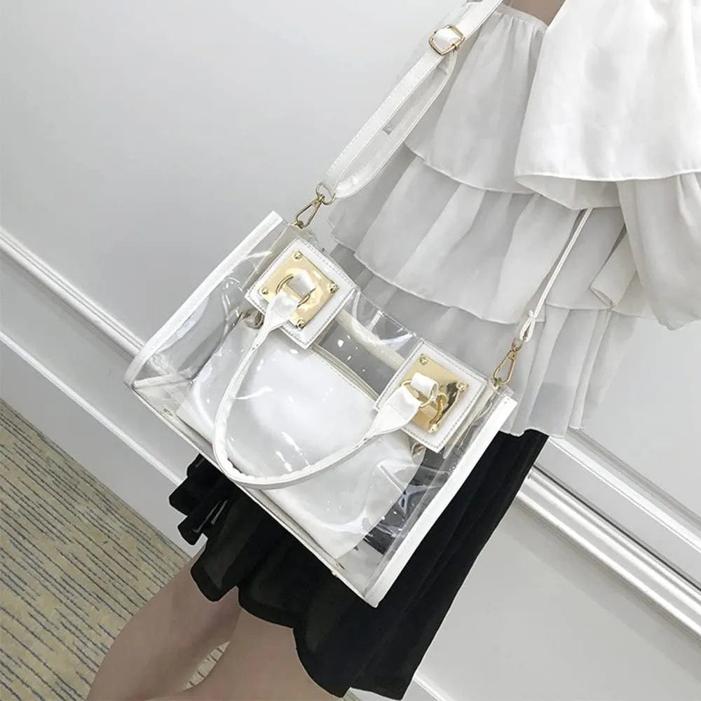 Women Fashion 2Pcs Clear Tote Handbag Transparent PVC Summer Jelly Bag Cute Shoulder Crossbody Bag