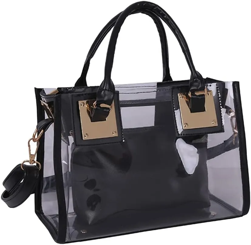 Women Fashion 2Pcs Clear Tote Handbag Transparent PVC Summer Jelly Bag Cute Shoulder Crossbody Bag