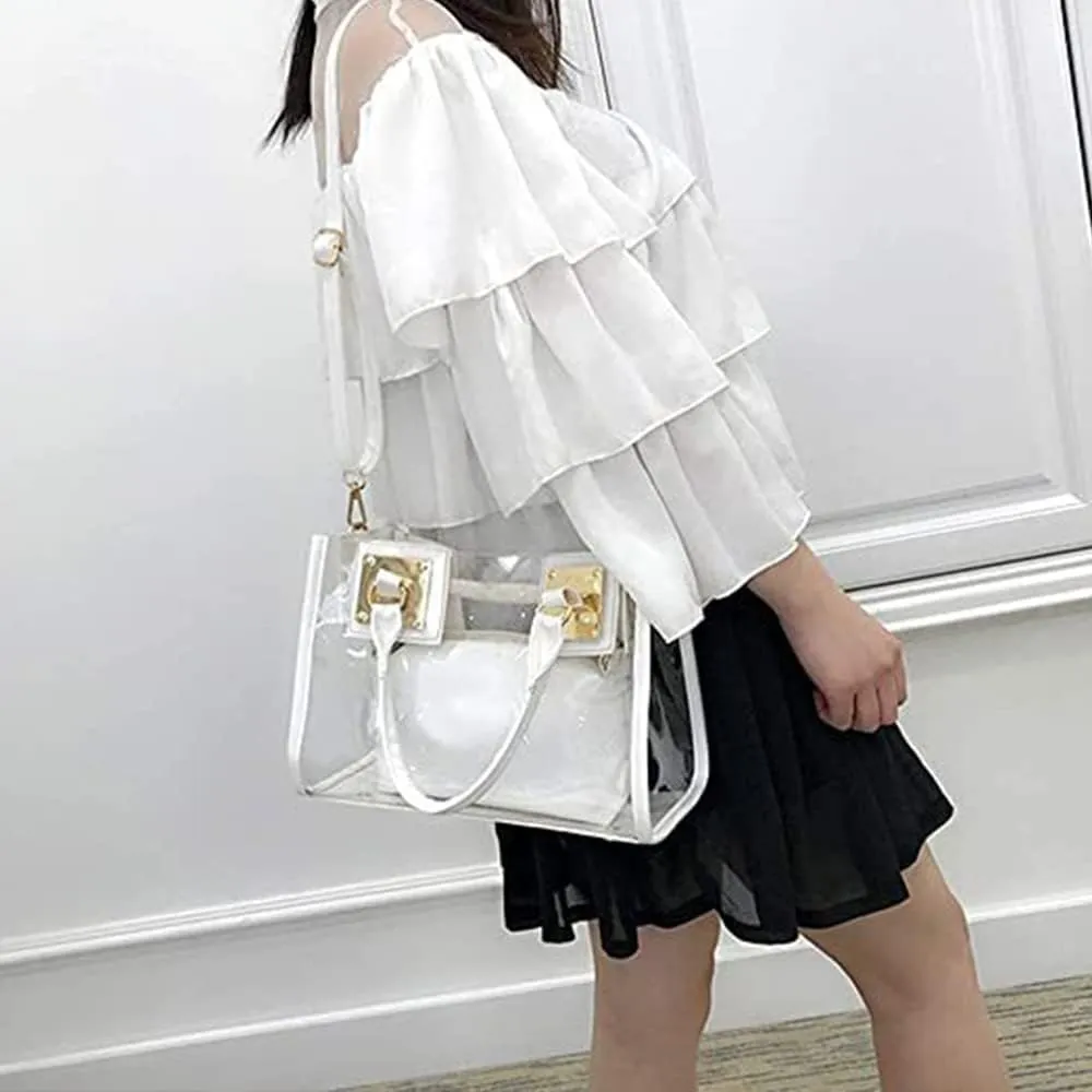Women Fashion 2Pcs Clear Tote Handbag Transparent PVC Summer Jelly Bag Cute Shoulder Crossbody Bag