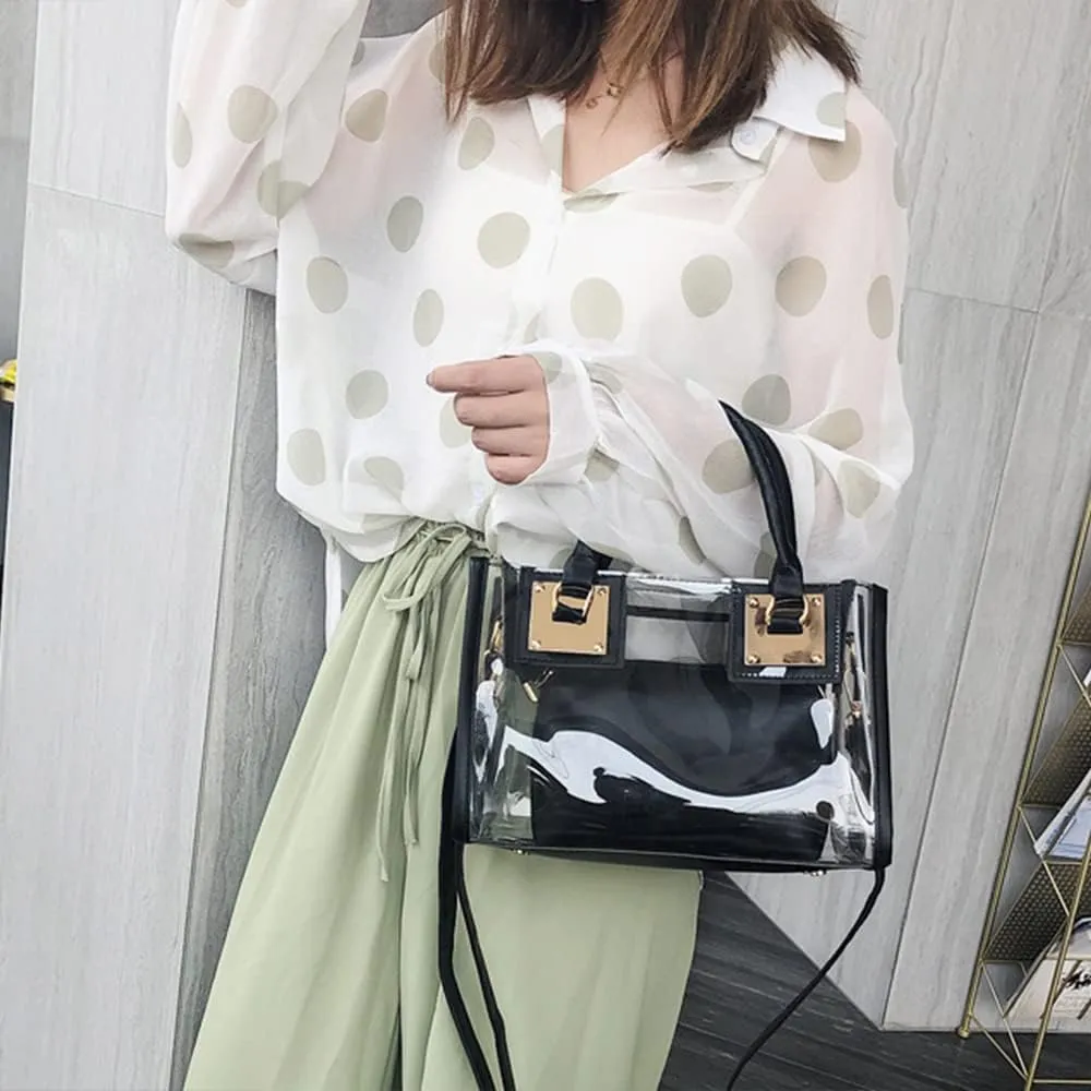Women Fashion 2Pcs Clear Tote Handbag Transparent PVC Summer Jelly Bag Cute Shoulder Crossbody Bag