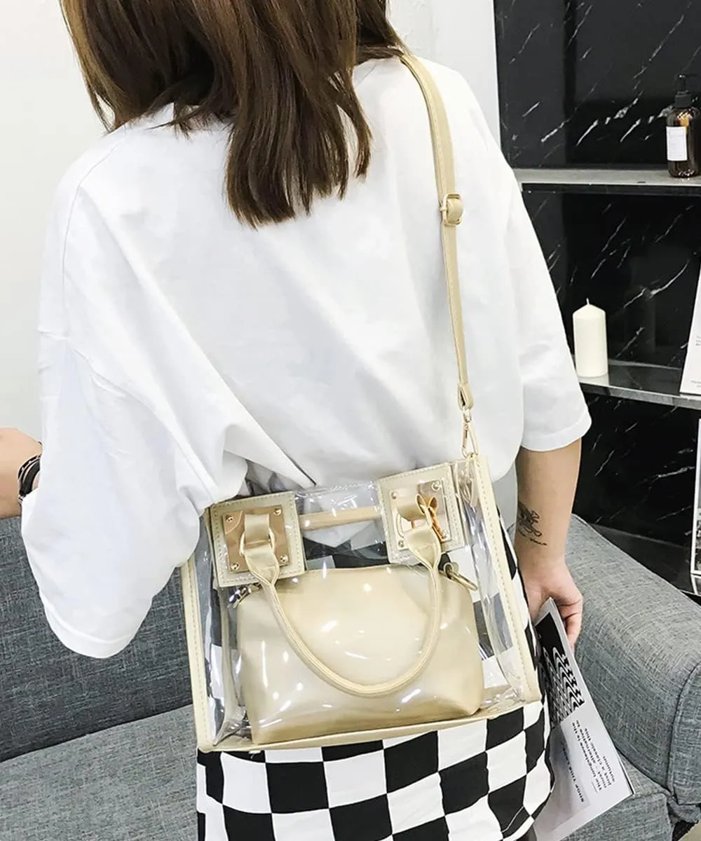 Women Fashion 2Pcs Clear Tote Handbag Transparent PVC Summer Jelly Bag Cute Shoulder Crossbody Bag