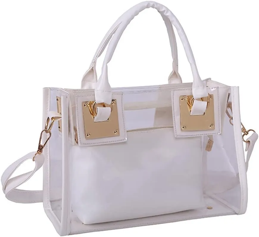 Women Fashion 2Pcs Clear Tote Handbag Transparent PVC Summer Jelly Bag Cute Shoulder Crossbody Bag