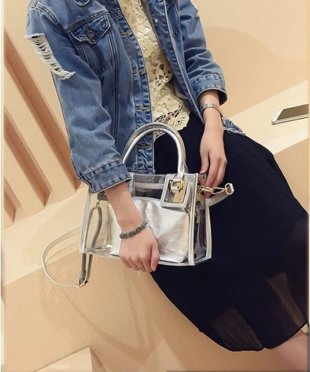 Women Fashion 2Pcs Clear Tote Handbag Transparent PVC Summer Jelly Bag Cute Shoulder Crossbody Bag