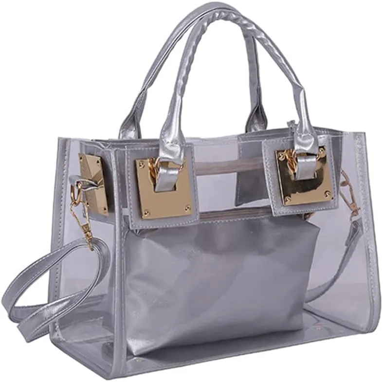 Women Fashion 2Pcs Clear Tote Handbag Transparent PVC Summer Jelly Bag Cute Shoulder Crossbody Bag