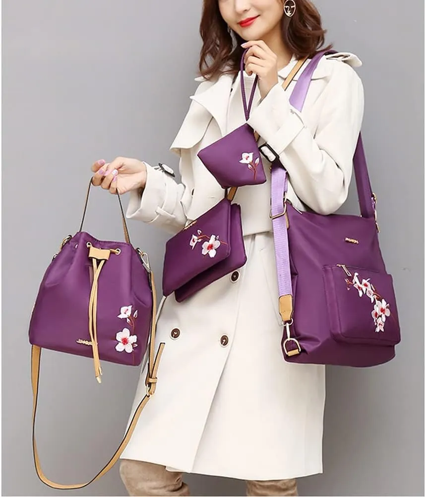 Women Handbags Sets Nylon Purses Floral Print Tote Bag Bucket bags Shoulder Crossbody Bag Backpack Coin Wallet 4 Pcs