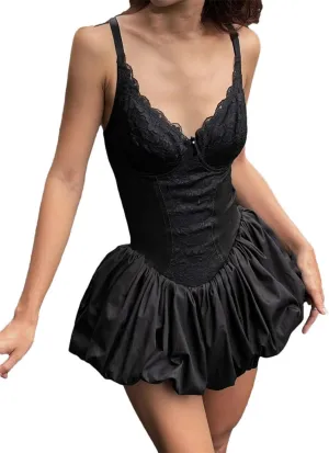 Women Slim Lace Trim Camis Dress Sexy Solid Deep Neck Sleeveless Super Mini Dresses
