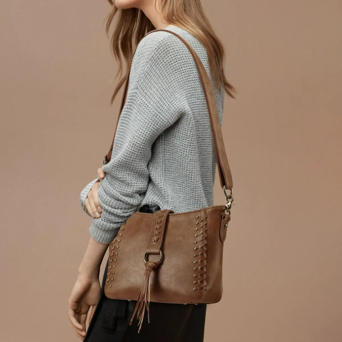 Women Tassel Zipper Crossbody Bag Braided Shoulder Bags Purse Fashion Travel Bag Satchel Adjustable Shoulder Strap