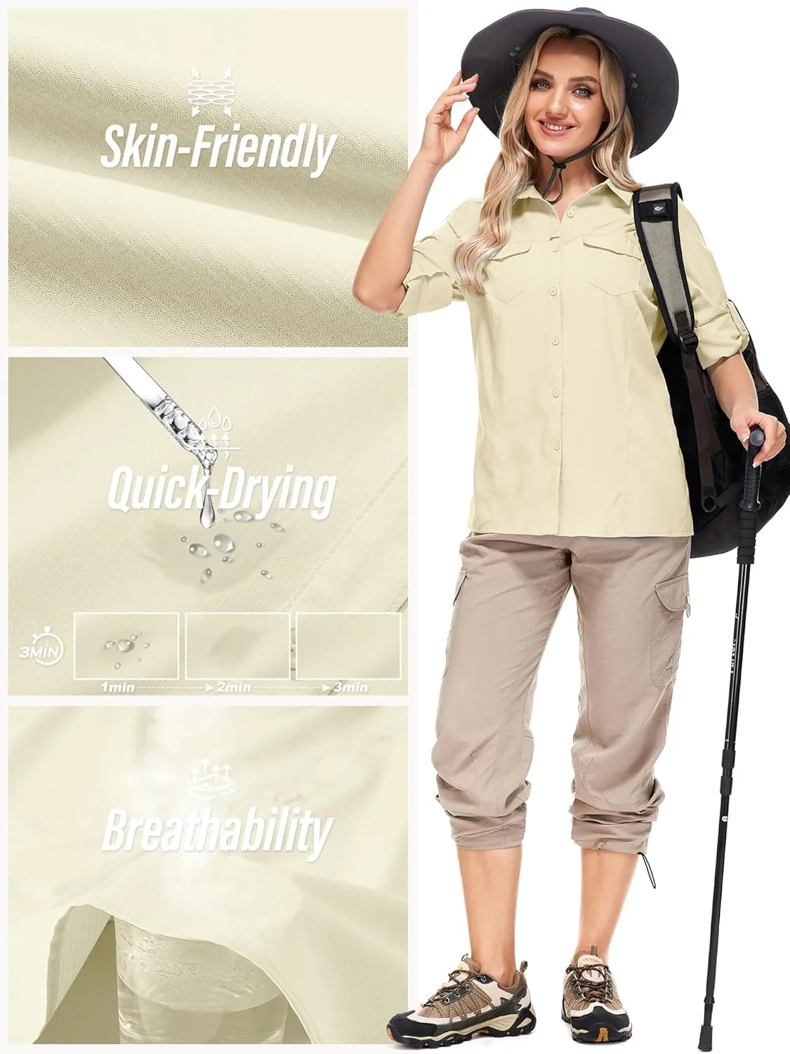 Women UPF 50  Sun Protection Safari Shirts Quick Dry Lightweight Outdoor Fishing Hiking Travel Shirts with Zipper Pockets