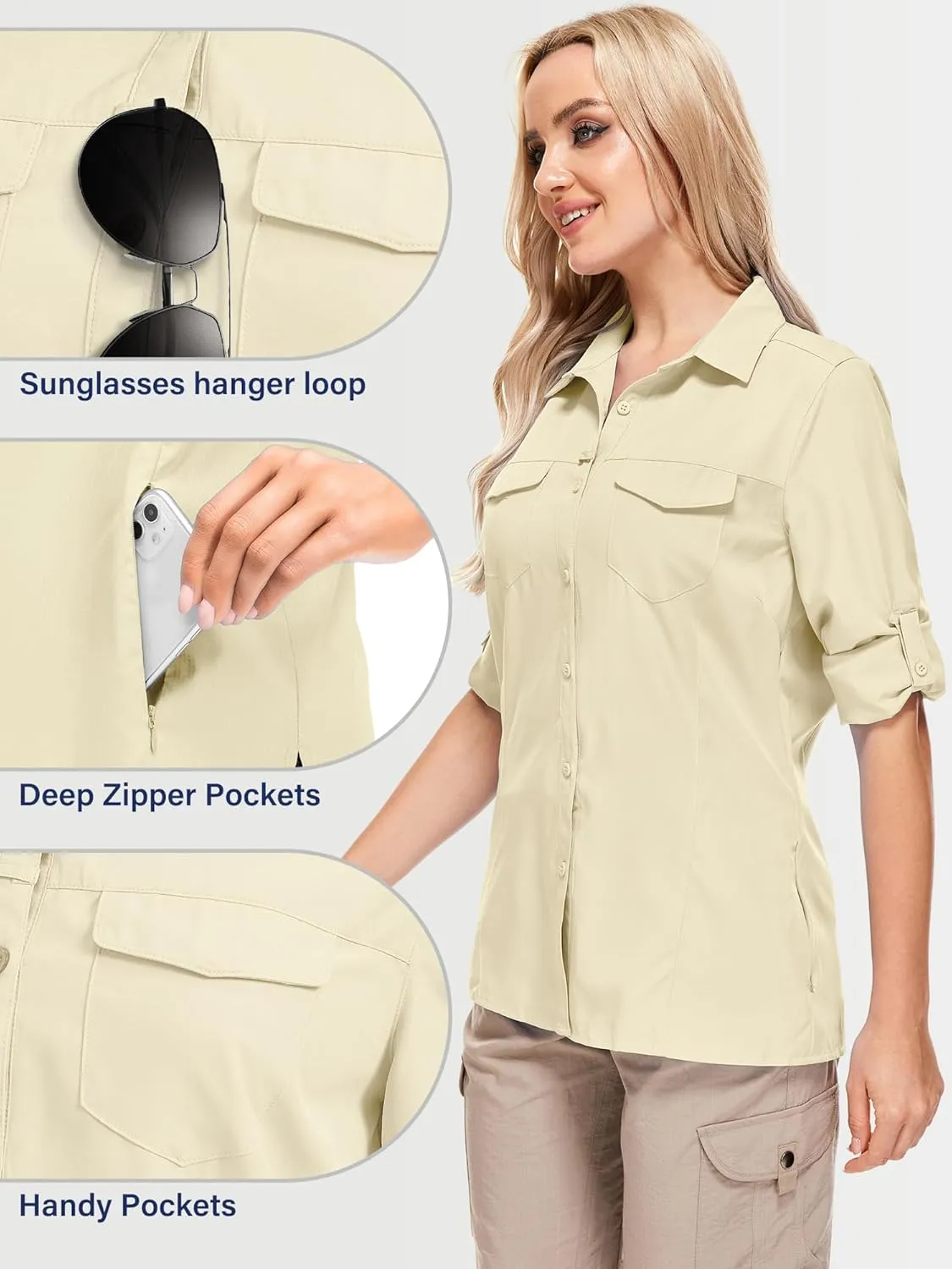 Women UPF 50  Sun Protection Safari Shirts Quick Dry Lightweight Outdoor Fishing Hiking Travel Shirts with Zipper Pockets