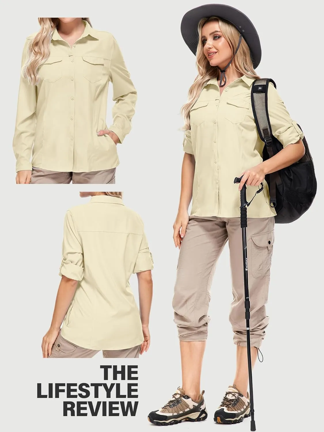 Women UPF 50  Sun Protection Safari Shirts Quick Dry Lightweight Outdoor Fishing Hiking Travel Shirts with Zipper Pockets