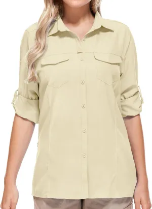 Women UPF 50  Sun Protection Safari Shirts Quick Dry Lightweight Outdoor Fishing Hiking Travel Shirts with Zipper Pockets