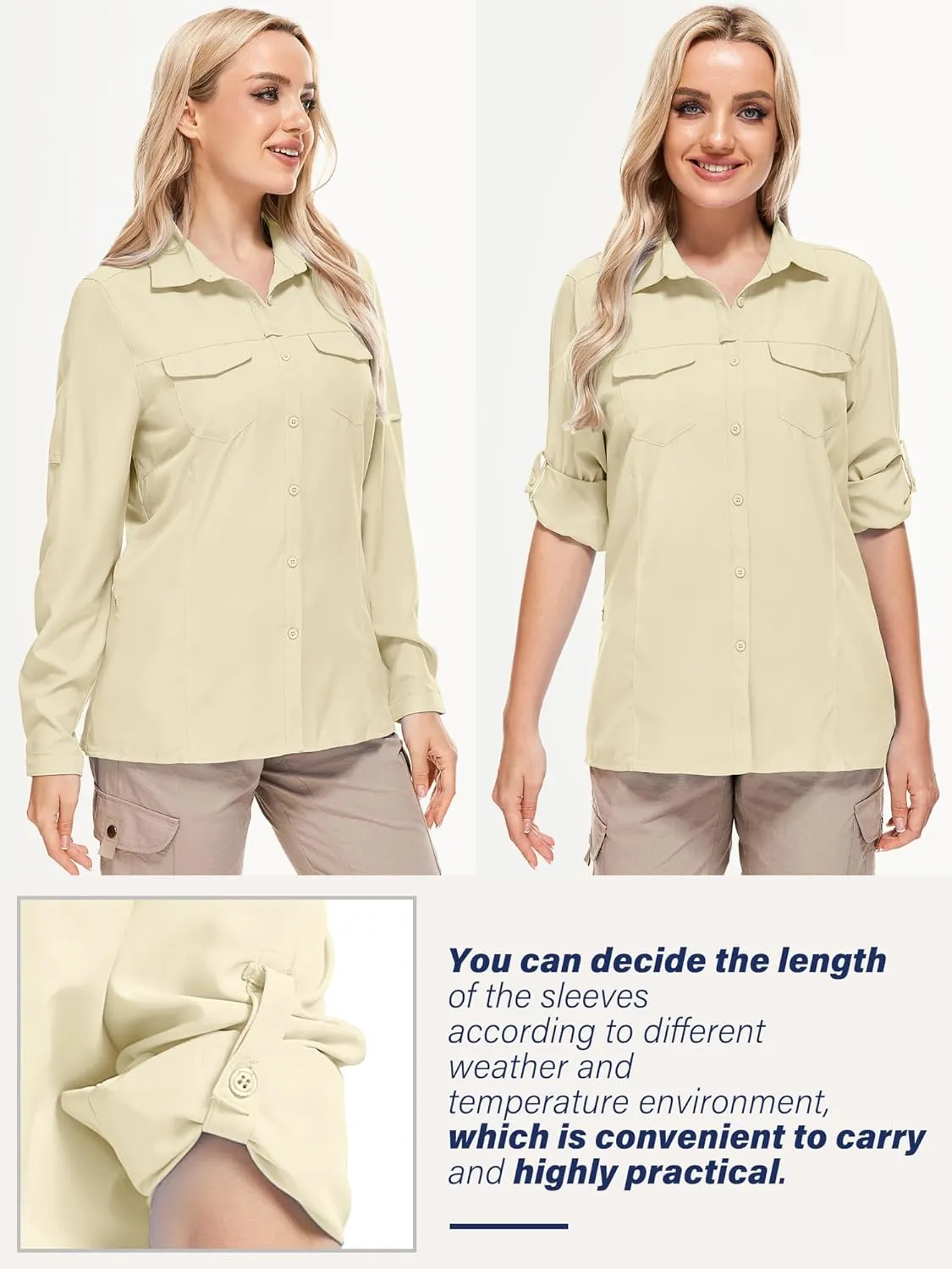 Women UPF 50  Sun Protection Safari Shirts Quick Dry Lightweight Outdoor Fishing Hiking Travel Shirts with Zipper Pockets