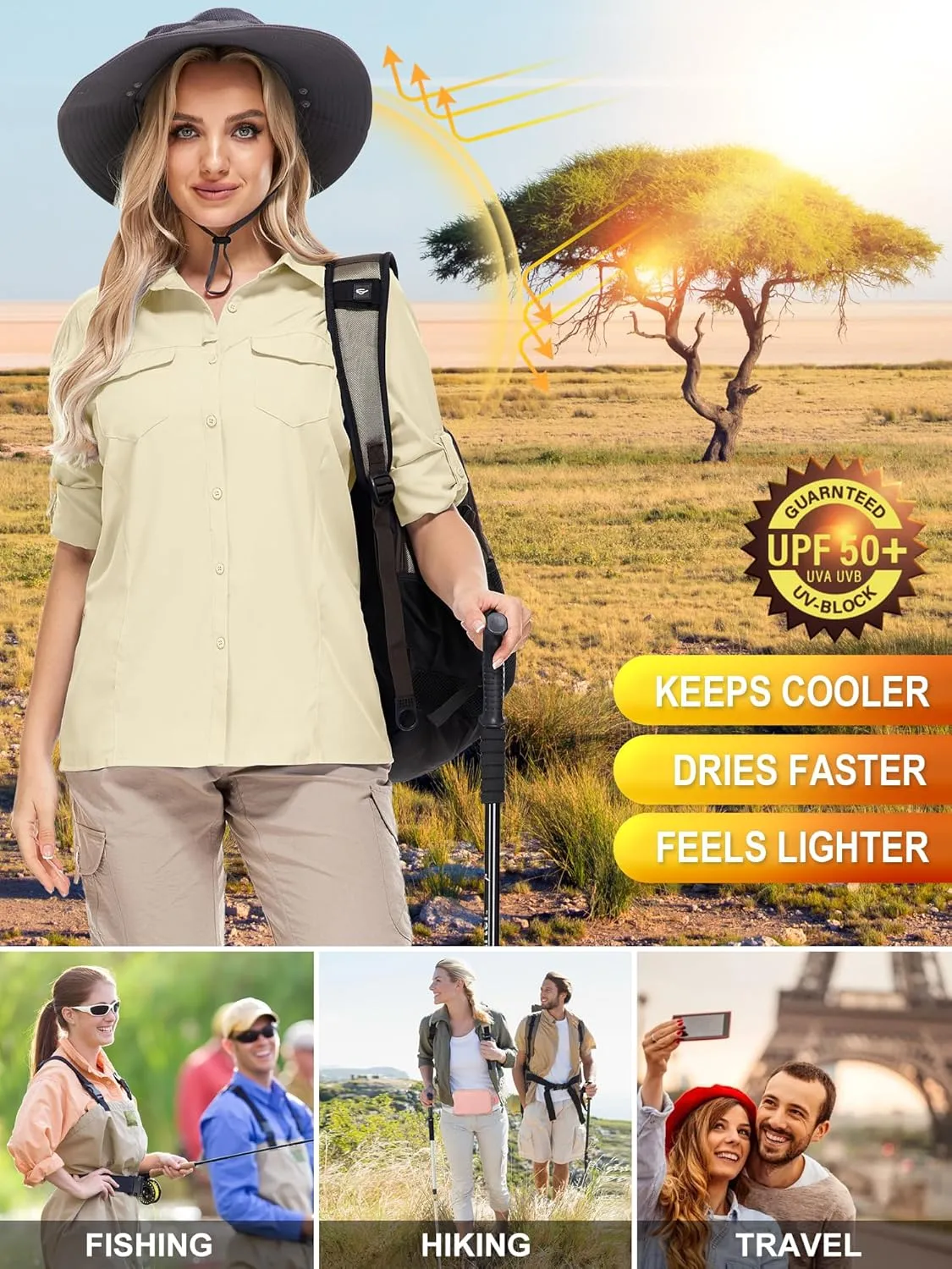 Women UPF 50  Sun Protection Safari Shirts Quick Dry Lightweight Outdoor Fishing Hiking Travel Shirts with Zipper Pockets