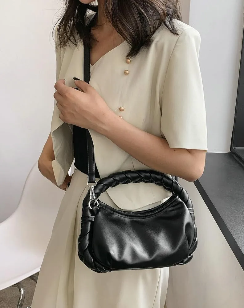 Womens Cloud Handbag Purse Trendy Tote Vegan Leather Hobo Shoulder Bag Woven Handle Cute Crossbody Bags