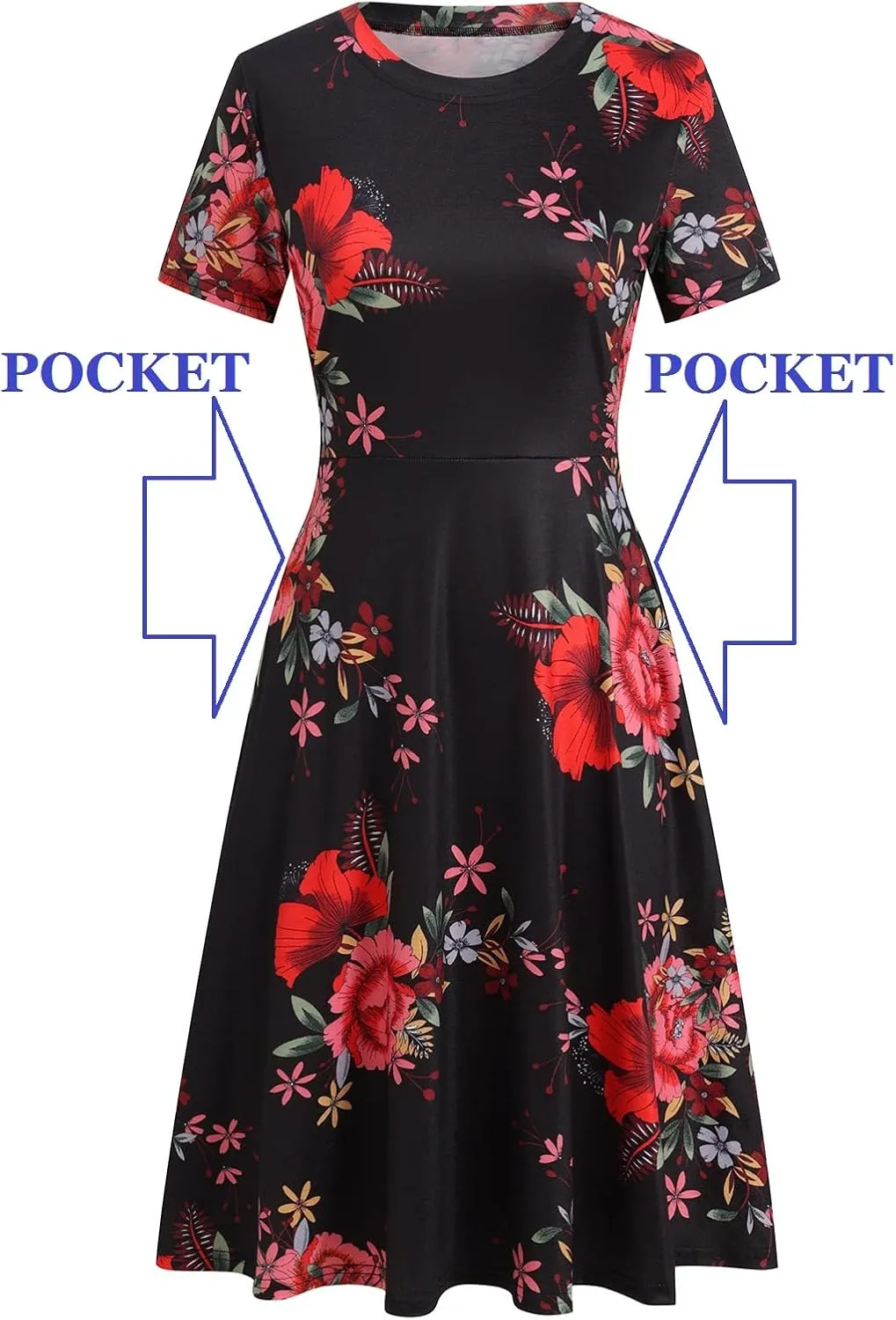 Women's Elegant Vintage 50s Office Casual Floral Print Work Party A-Line Swing Dress with Pockets 162