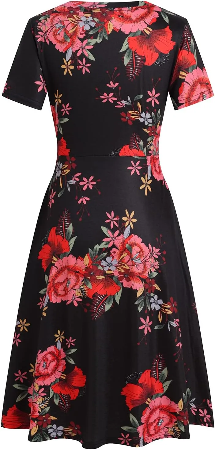 Women's Elegant Vintage 50s Office Casual Floral Print Work Party A-Line Swing Dress with Pockets 162