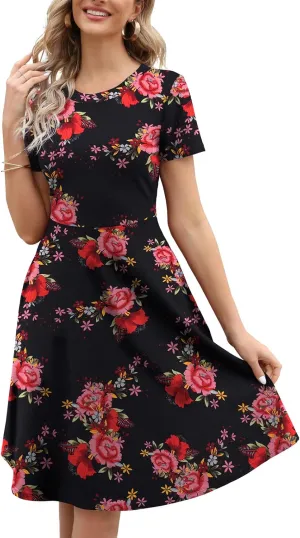 Women's Elegant Vintage 50s Office Casual Floral Print Work Party A-Line Swing Dress with Pockets 162