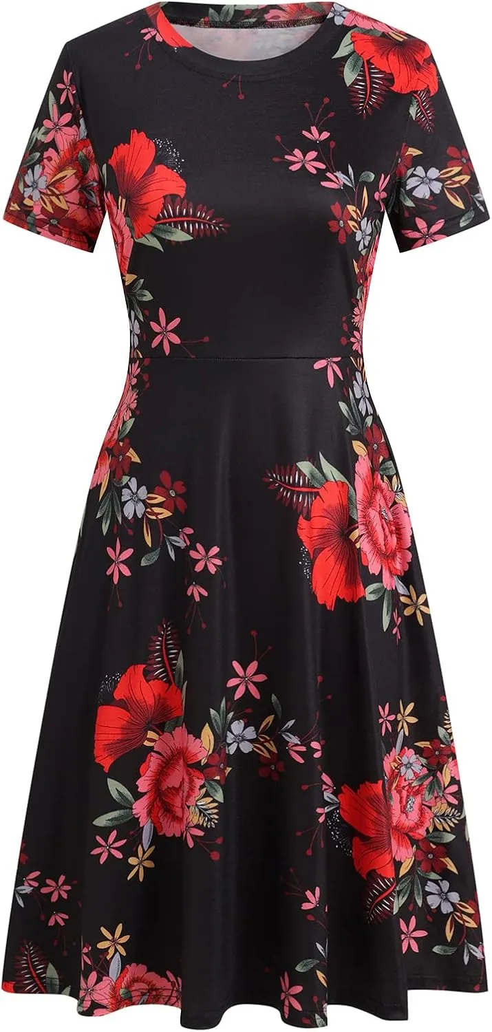 Women's Elegant Vintage 50s Office Casual Floral Print Work Party A-Line Swing Dress with Pockets 162