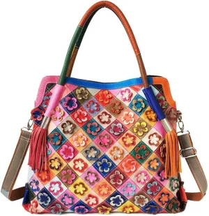 Women’s Multicolor Big Boston Genuine Leather RANDOM Colorful Patchwork Large Tote Handbag Hobo Crossbody Bag