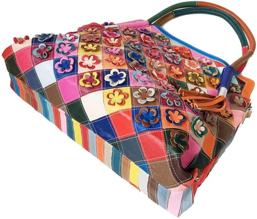 Women’s Multicolor Big Boston Genuine Leather RANDOM Colorful Patchwork Large Tote Handbag Hobo Crossbody Bag