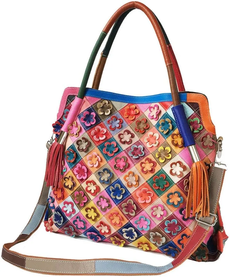 Women’s Multicolor Big Boston Genuine Leather RANDOM Colorful Patchwork Large Tote Handbag Hobo Crossbody Bag