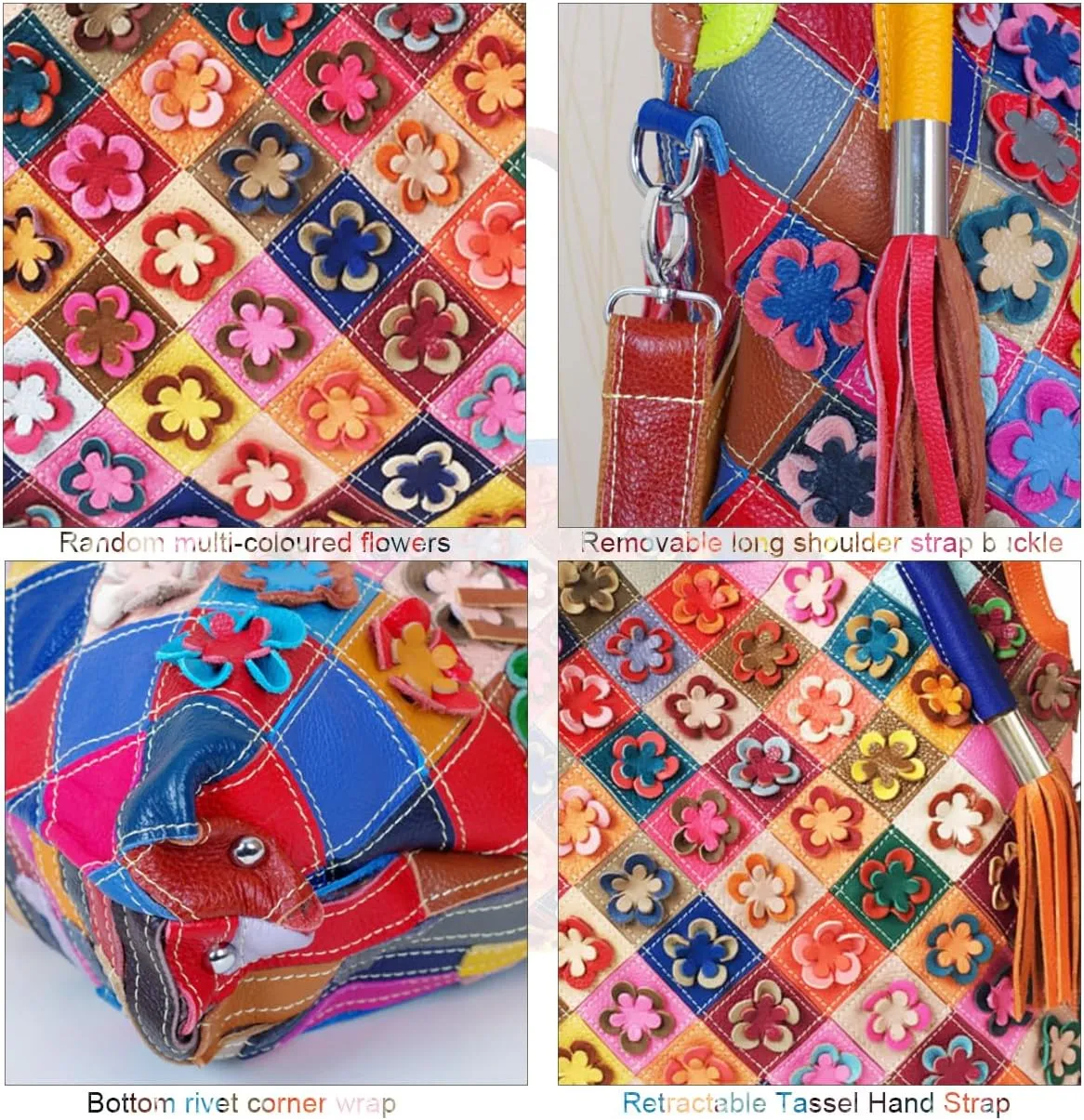Women’s Multicolor Big Boston Genuine Leather RANDOM Colorful Patchwork Large Tote Handbag Hobo Crossbody Bag