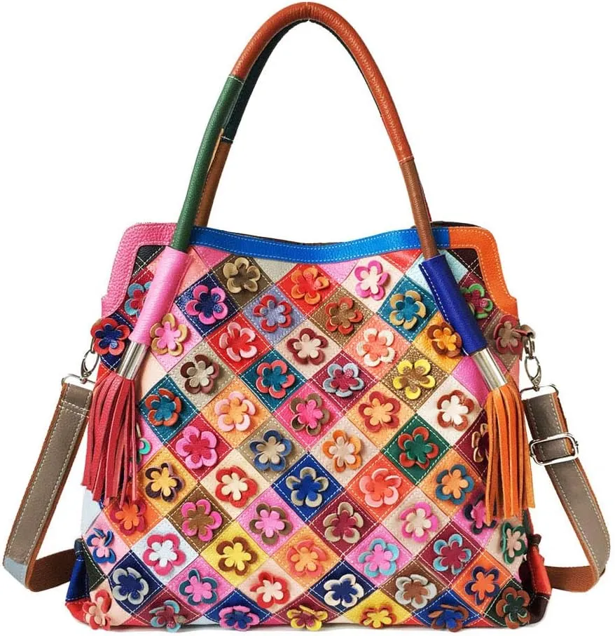 Women’s Multicolor Big Boston Genuine Leather RANDOM Colorful Patchwork Large Tote Handbag Hobo Crossbody Bag