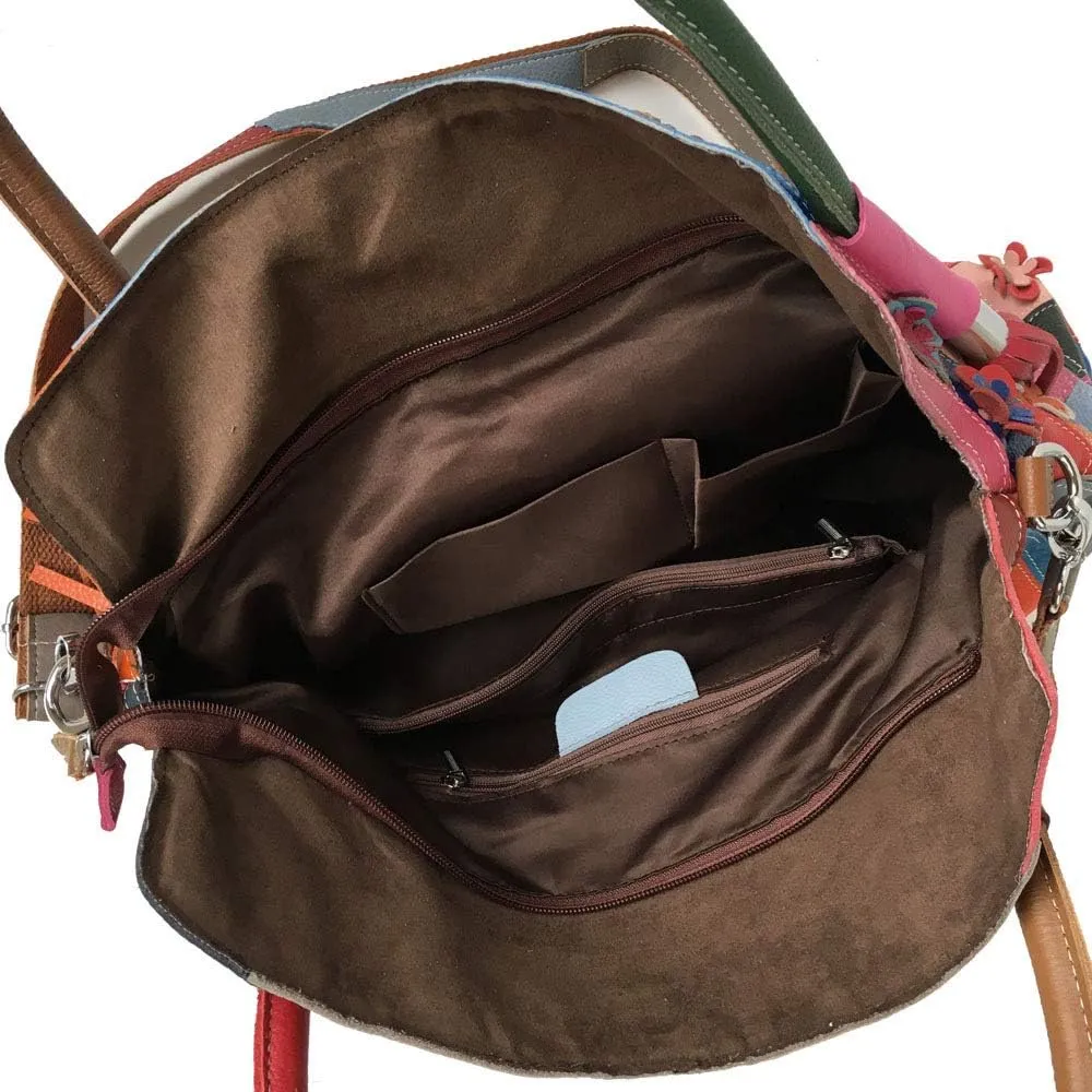 Women’s Multicolor Big Boston Genuine Leather RANDOM Colorful Patchwork Large Tote Handbag Hobo Crossbody Bag
