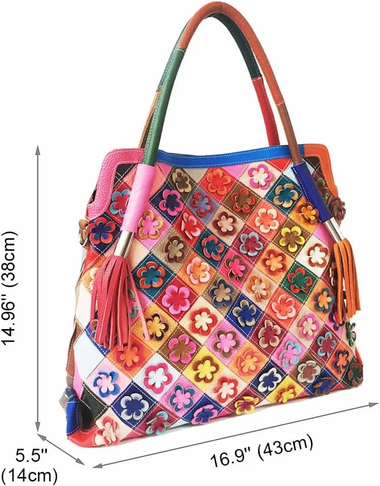Women’s Multicolor Big Boston Genuine Leather RANDOM Colorful Patchwork Large Tote Handbag Hobo Crossbody Bag