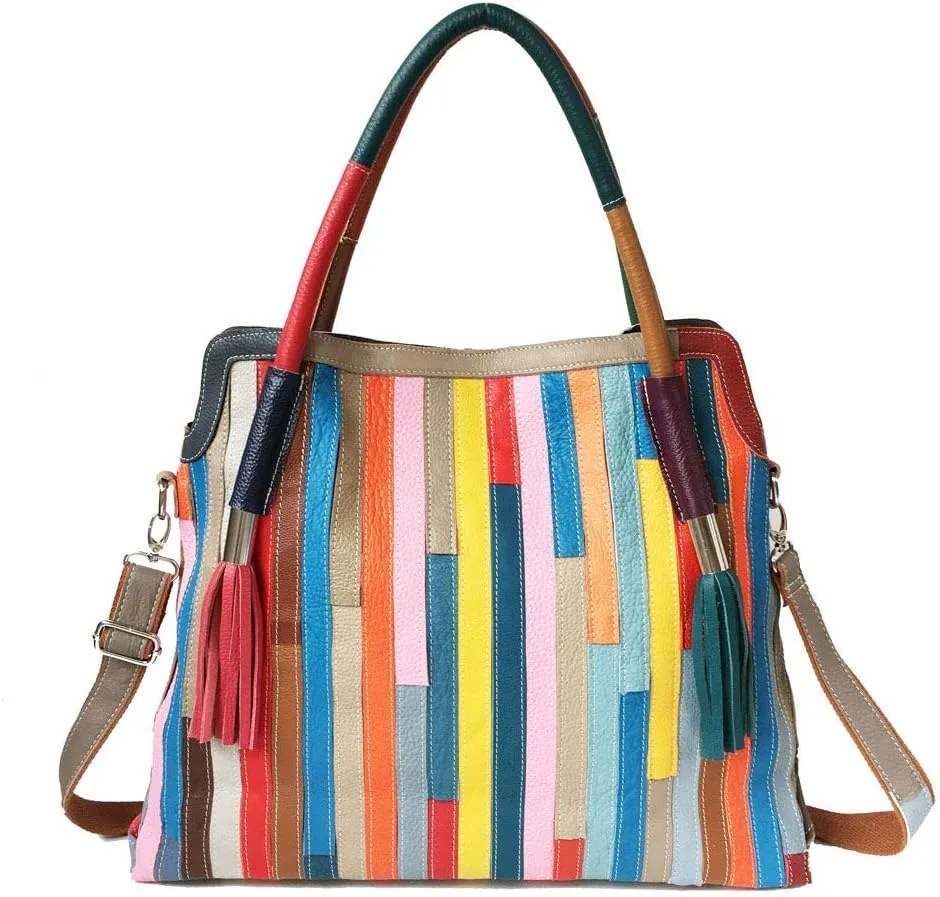 Women’s Multicolor Big Boston Genuine Leather RANDOM Colorful Patchwork Large Tote Handbag Hobo Crossbody Bag