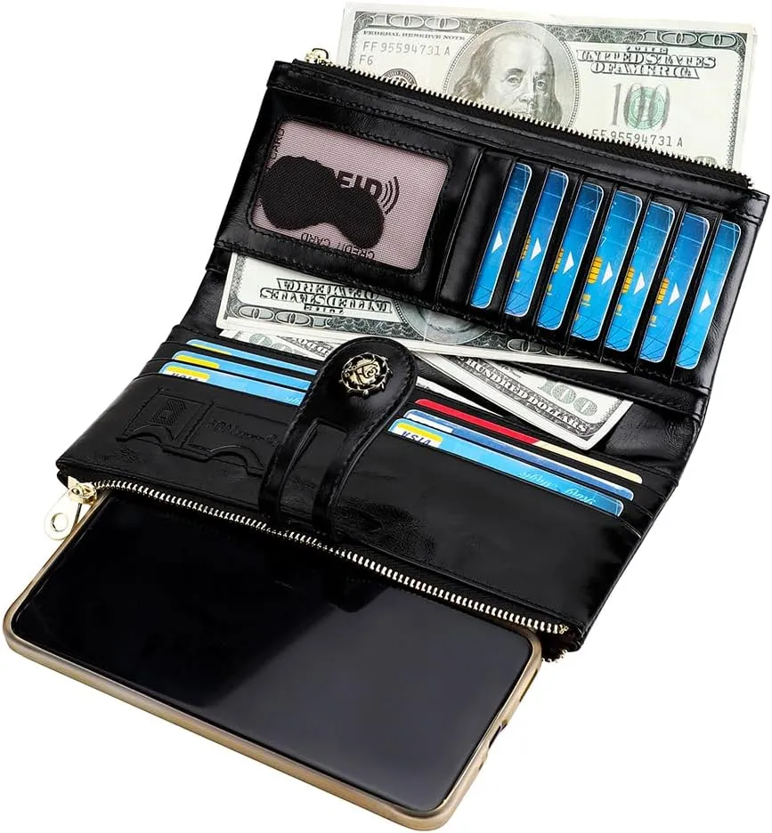 Women's RFID Blocking Wallet Soft Leather Clutch Money Ladies Purse Slim Card Holder Organizer Zip Pocket (3013-Black)