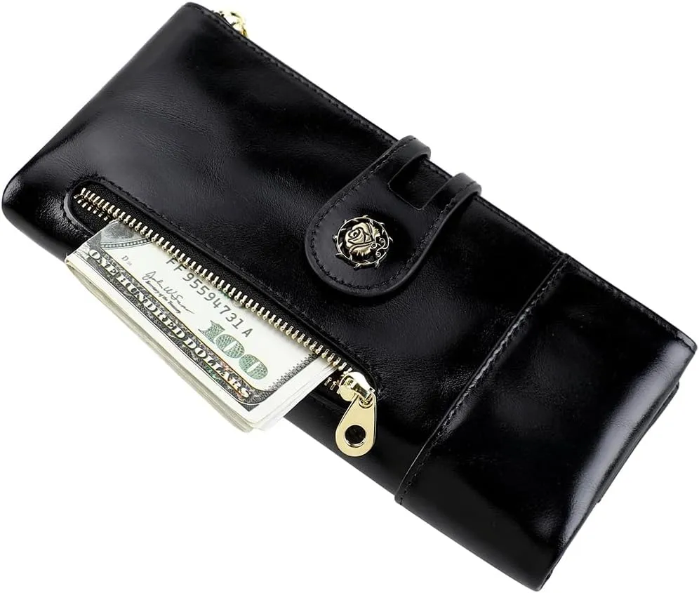 Women's RFID Blocking Wallet Soft Leather Clutch Money Ladies Purse Slim Card Holder Organizer Zip Pocket (3013-Black)