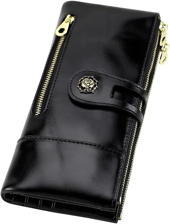 Women's RFID Blocking Wallet Soft Leather Clutch Money Ladies Purse Slim Card Holder Organizer Zip Pocket (3013-Black)