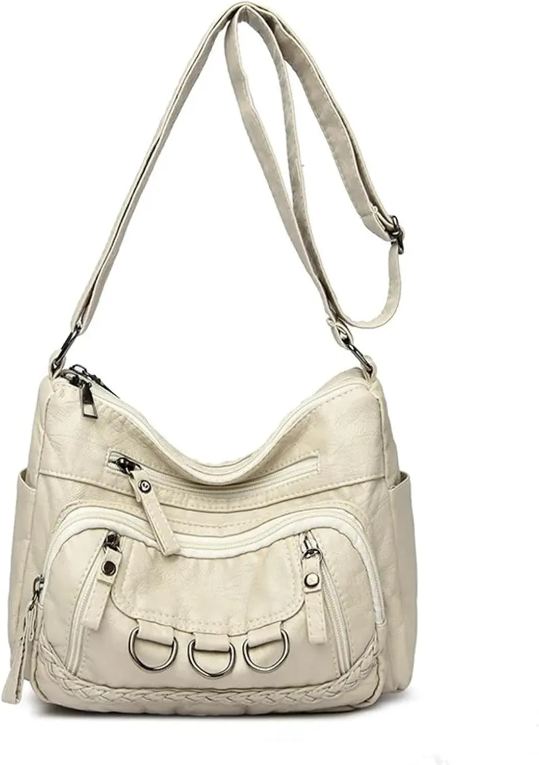 Women’s Soft Washed Leather Crossbody Bag – Fashionable Shoulder Bag, Middle-aged Mother’s Handbag(Off-white)