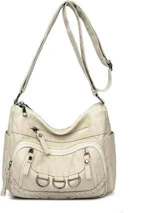 Women’s Soft Washed Leather Crossbody Bag – Fashionable Shoulder Bag, Middle-aged Mother’s Handbag(Off-white)