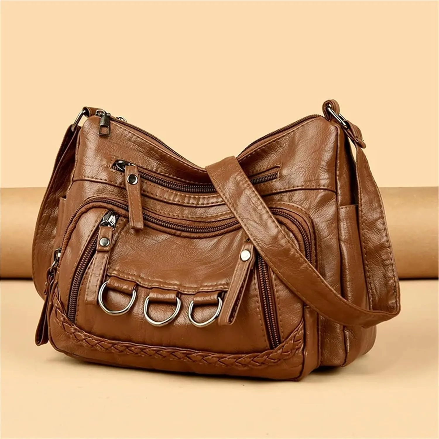 Women’s Soft Washed Leather Crossbody Bag – Fashionable Shoulder Bag, Middle-aged Mother’s Handbag(Off-white)