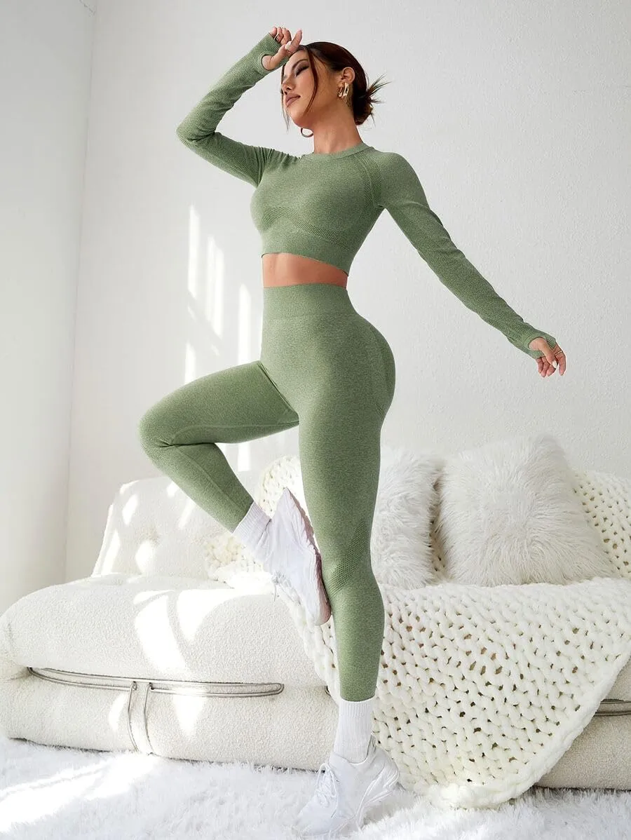 Women's Workout Outfits 2 Pieces Yoga Suits Long Sleeve Crop Top Sport Leggings Active Gym Set