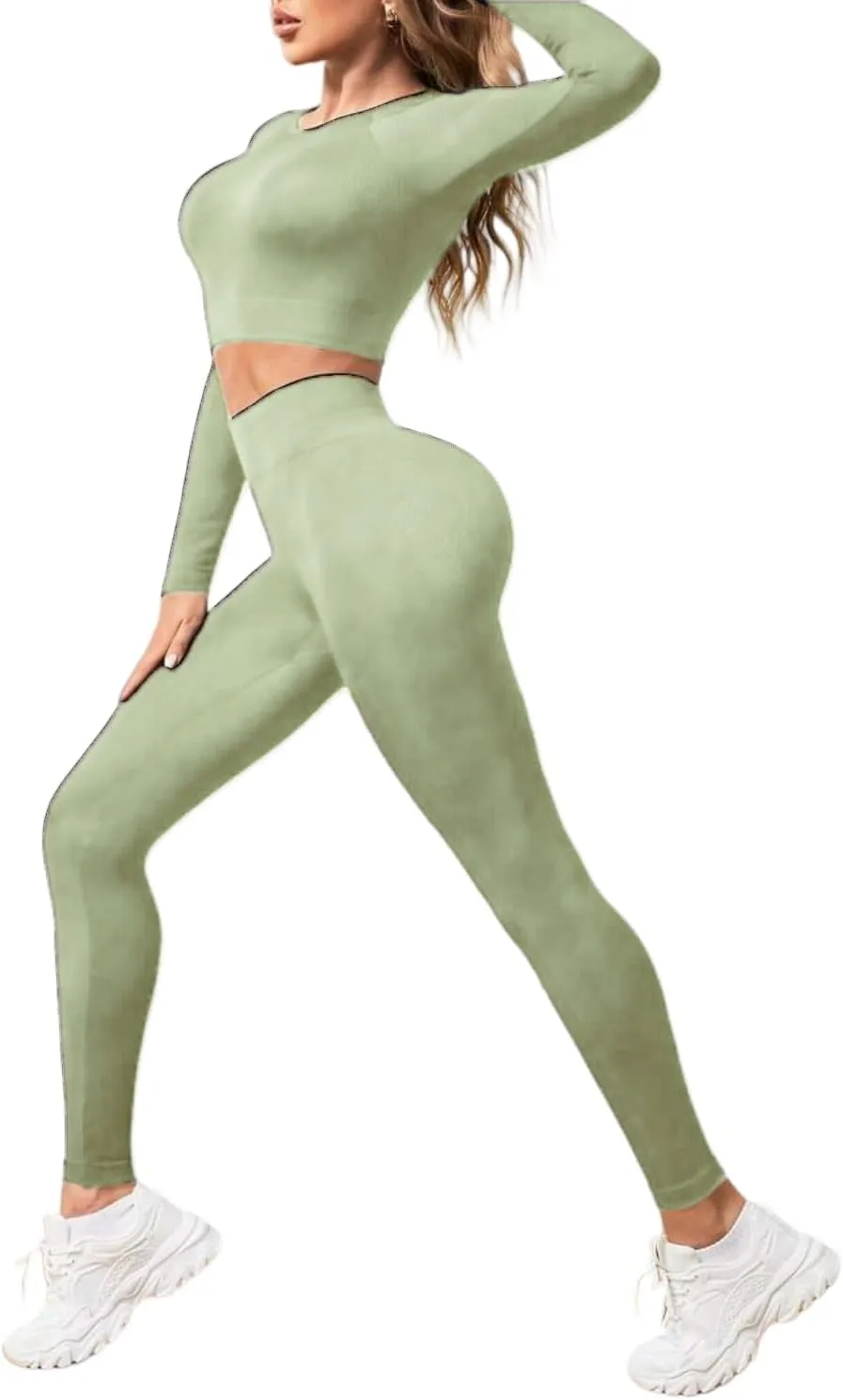 Women's Workout Outfits 2 Pieces Yoga Suits Long Sleeve Crop Top Sport Leggings Active Gym Set